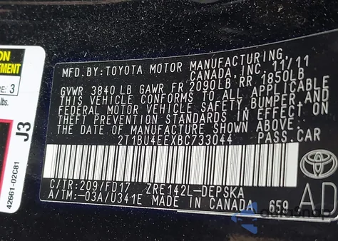 2011 Toyota Corolla S z USA, uszkodzony, nr VIN 2T1BU4EEXBC733044